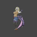 Woman with blonde hair wearing brown top and blue shorts with purple pink tail