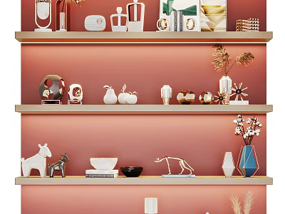 Stylish Decorative Ornament Set on Wooden Shelves with Vases Animal Figurines and Pink Background 3d model