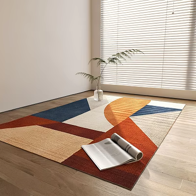 Square Area Rug With Geometric Patterns On Wooden Floor By Potted Plant And Open Magazine 3d model