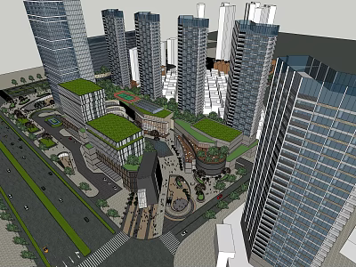 Modern Hotel Building With Green Roof And Plaza In Urban High Rise Complex 3d model