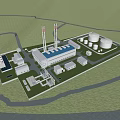 Industrial Facility Layout 3D Model With Main Building Storage Tanks And Chimneys