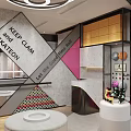 Bright Pink And Black Shoe Store Interior With Display Shelves And White Seating