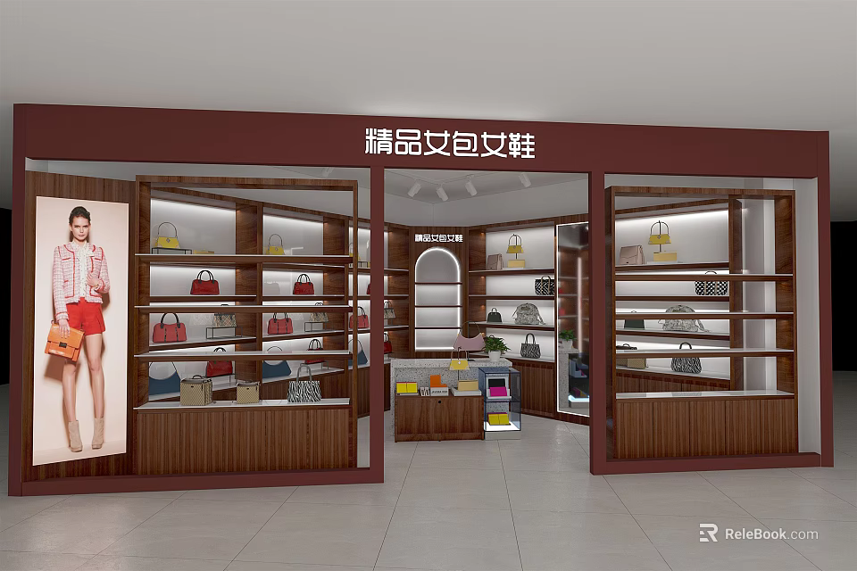 Premium Women's Bags and Shoes Boutique with Display Shelves and Interior Design 3d model 