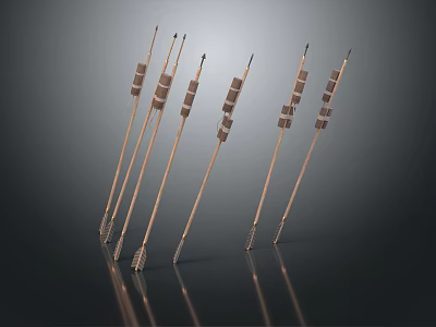 Traditional Wooden Arrows With Fletching As Ancient Hunting Weapon Displayed In Row 3d model