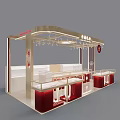 Elegant Mall Tea Counter With Red Gold Decor Hanging Lights And Glass Display Cabinets
