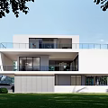 Modern White Two Story Detached Villa With Green Trees And Car In Front