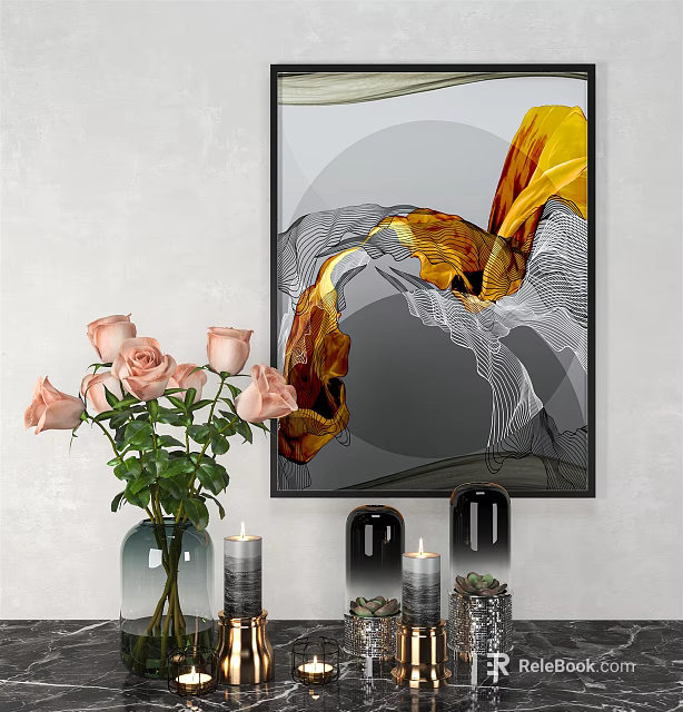 Abstract Wall Art With Yellow Gray Design And Pink Roses In Vase With Candles 3d model 