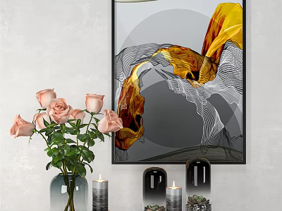 Abstract Wall Art With Yellow Gray Design And Pink Roses In Vase With Candles 3d model