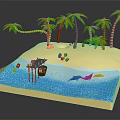 Cartoon Island Scene with Palm Trees Sandy Beach Water Swimming Sharks and Wooden Boat