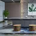 Modern Tea Room Interior With Skylight Stone Wall Decor Green Plants Wooden Stools Patterned Rug