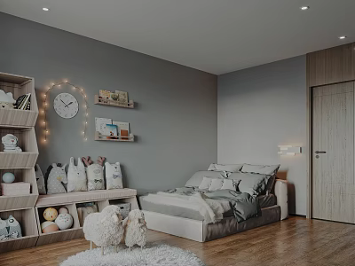 Cozy Kids Room Interior With Gray Walls Wooden Floor Bookshelf Stuffed Toys And Bed 3d model