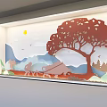 Artistic Paper Cut Style Background Wall with Sun Mountains Tree Bullock Cart Birds and Clouds