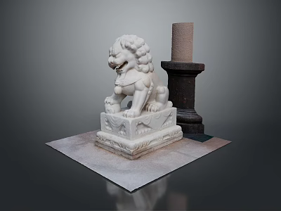 Traditional Chinese Stone Lion Statue With Carved Pedestal And Stone Pillar 3d model