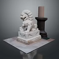 Traditional Chinese Stone Lion Statue With Carved Pedestal And Stone Pillar