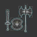 Medieval Weapons Collection Featuring Sword Axe And Decorative Wooden Shield 3d model