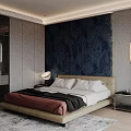 Modern Double Bed With Beige Headboard White Sheets Dark Blanket Blue Patterned Wall Lamp And Carpet 3d model