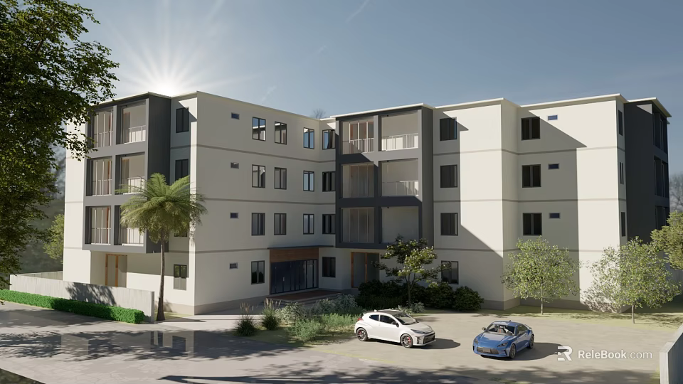 Modern Townhouse with White Exterior Black Window Frames Palm Trees and Parked Cars in Sunlight 3d model 