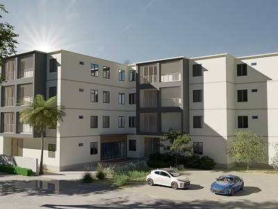 Modern Townhouse with White Exterior Black Window Frames Palm Trees and Parked Cars in Sunlight 3d model