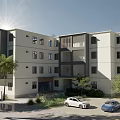 Modern Townhouse with White Exterior Black Window Frames Palm Trees and Parked Cars in Sunlight