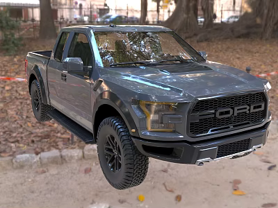 Gray Ford Pickup Truck Parked In Outdoor Area With Trees And Fallen Leaves 3d model