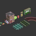Small House Bus Stop In 3D Model Scene With Road Car Trash Can Umbrella