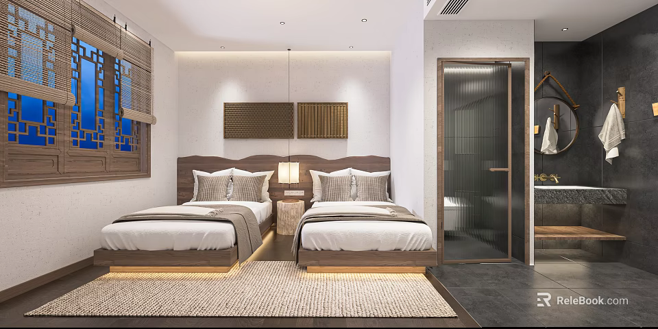Hotel Guest Room Featuring Twin Beds Wooden Headboards Bedside Lamps And Open Bathroom 3d model 
