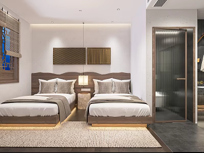 Hotel Guest Room Featuring Twin Beds Wooden Headboards Bedside Lamps And Open Bathroom 3d model