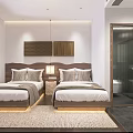 Hotel Guest Room Featuring Twin Beds Wooden Headboards Bedside Lamps And Open Bathroom