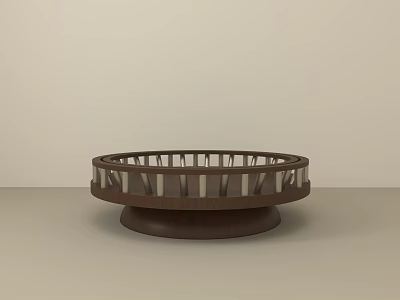Round Brown Wooden Coffee Table With Openwork Design And Circular Base 3d model
