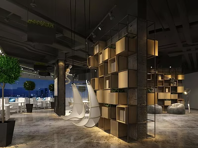 Modern Public Office Space With Open Layout Wooden Shelves And Green Plants 3d model