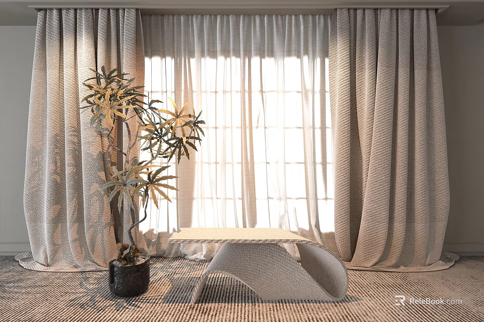 Light Gray Textured Curtains In Sunlit Room With Potted Plant And Table 3d model 