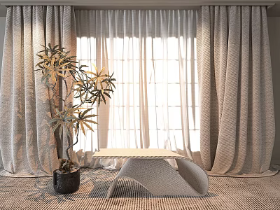 Light Gray Textured Curtains In Sunlit Room With Potted Plant And Table 3d model
