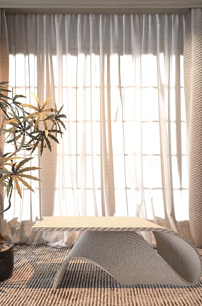 Light Gray Textured Curtains In Sunlit Room With Potted Plant And Table 3d model