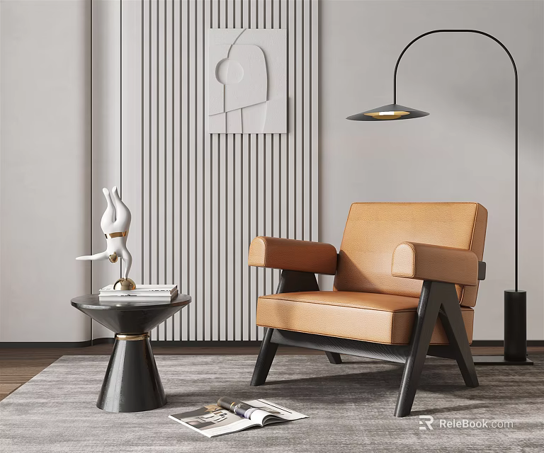 Tan Leather Accent Chair With Black Side Table And Floor Lamp Against Gray Striped Wall 3d model 