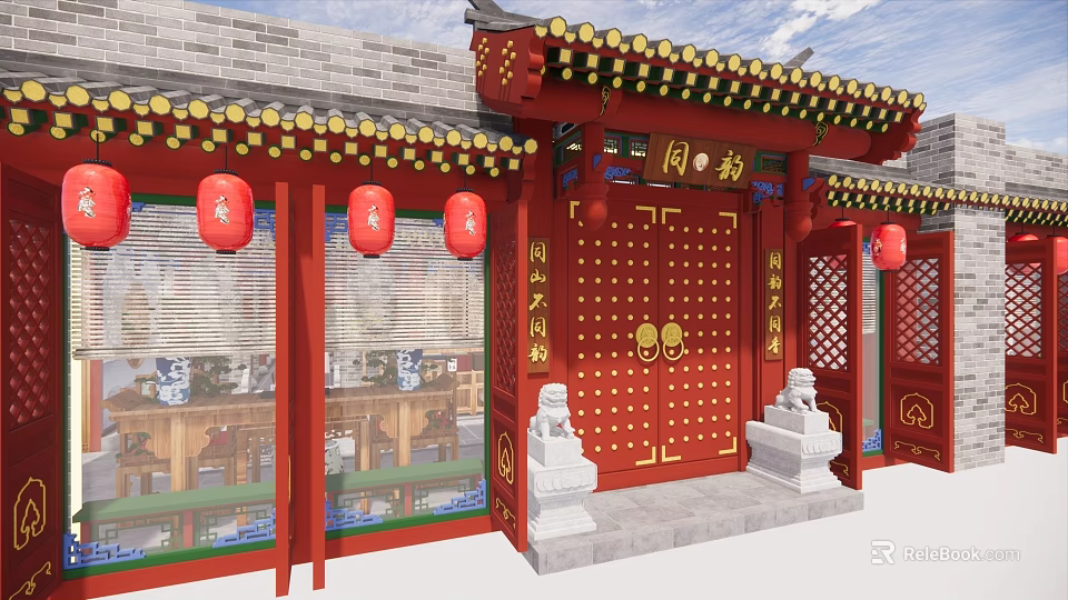 Traditional Chinese Style Teahouse with Red Gate Golden Door Nails Stone Lions and Red Lanterns 3d model 