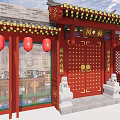Traditional Chinese Style Teahouse with Red Gate Golden Door Nails Stone Lions and Red Lanterns