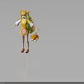 Cute Blonde Girl in Yellow Green Outfit With Patterned Backpack and Small Fox Plush