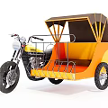 Motorcycle Based Tricycle With Yellow Carriage Brown Canopy Metal Railings And Wooden Floor