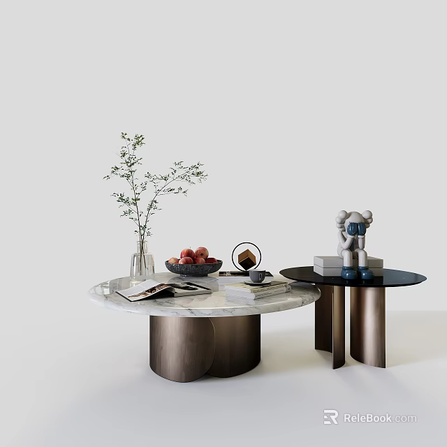 Elegant Coffee Table With Marble Top Metal Base Greenery Fruits Magazines And Teddy Bear 3d model 