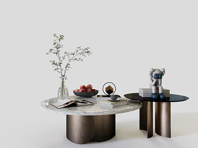 Elegant Coffee Table With Marble Top Metal Base Greenery Fruits Magazines And Teddy Bear 3d model