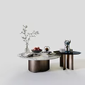 Elegant Coffee Table With Marble Top Metal Base Greenery Fruits Magazines And Teddy Bear