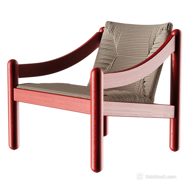 Modern Leisure Chair with Red Wooden Frame Curved Armrests Gray Woven Seat 3d model 