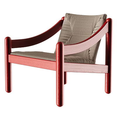 Modern Leisure Chair with Red Wooden Frame Curved Armrests Gray Woven Seat 3d model