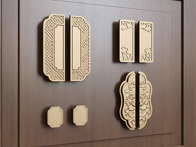 Decorative Carved Door Handles on Wooden Background with Intricate Patterns and Symmetric Shapes 3d model