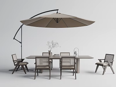 Modern Outdoor Table and Chair Set With Beige Cantilever Umbrella and Wooden Frame 3d model