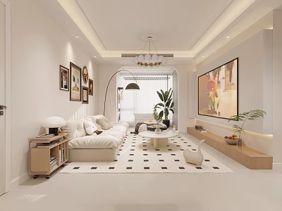 Living Dining Room Interior with Modern Design White Sofa Checkered Rug Paintings and Green Plant 3d model