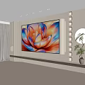 Modern TV Background Wall with Vibrant Lotus Pattern Painting Round Mirror and Green Plant