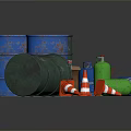 Blue And Green Industrial Barrels With Road Barrier And Cardboard Box