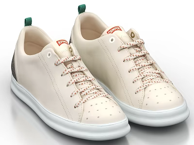 Stylish Off White Casual Shoes With Patterned Laces Breathable Perforations And Green Accents 3d model
