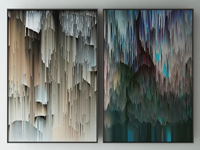 Two Abstract Textured Wall Art Pieces With Hanging Patterns And Colorful Tones 3d model